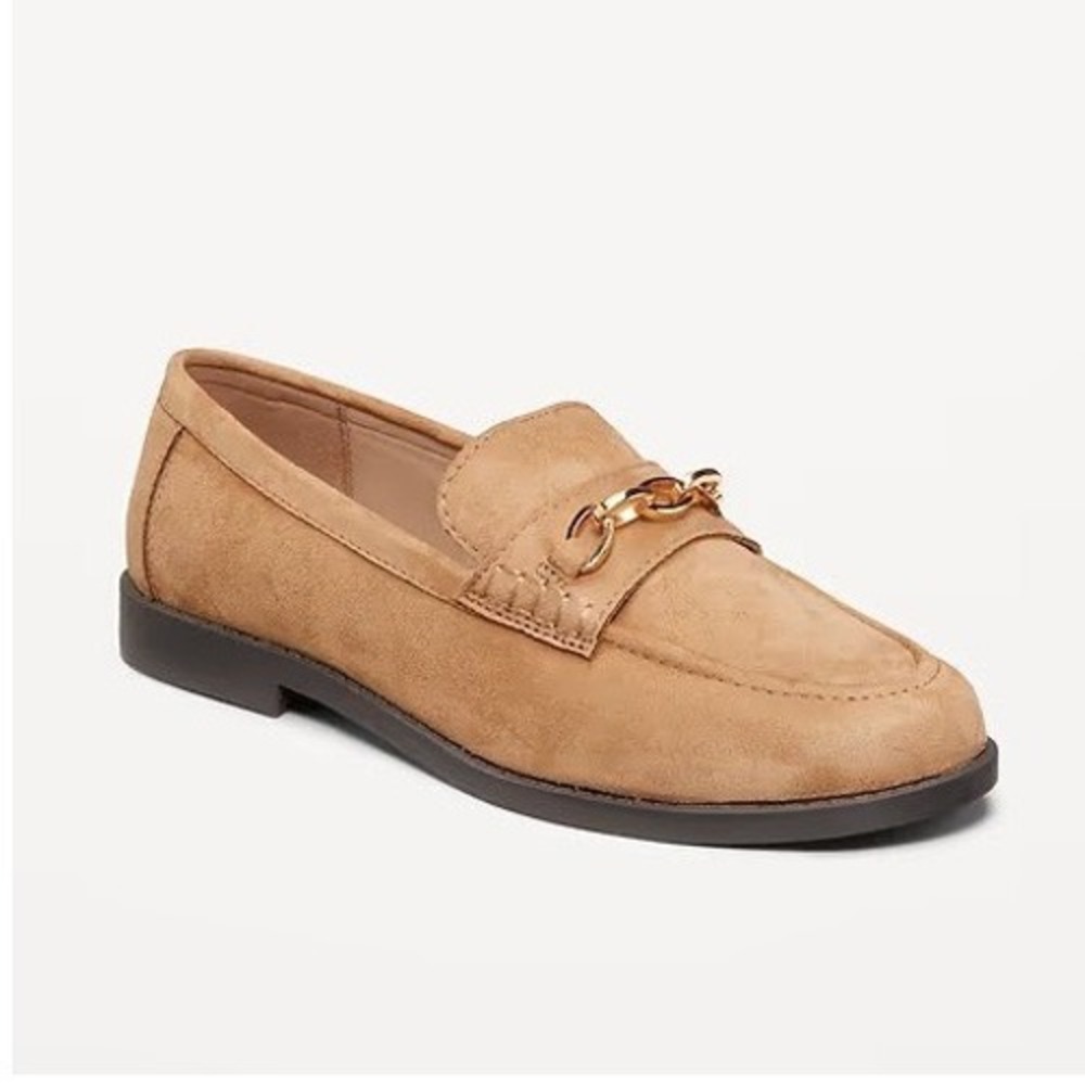 Old Navy Women Tailored Moc Loafers Dark Sand Faux Suede Gold Chain Size 9